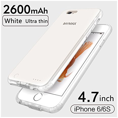 BAYMAX IPhone 6/6S Ultra Thin Battery Case,Iphone Portable Charger Iphone 6S and Iphone 6 2017 New Charging Case 2600mAh Extended Battery Pack Power Cases Juice Bank Cover(White)
