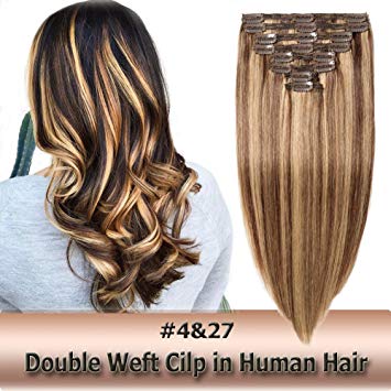 22 Inch/160g Clip in Human Hair Extensions Medium Brown mixed Dark Blonde Double Weft Thick 8pcs 18 clips on 8A Grade Soft Straight 100% Remy Hair (#4/27,22’’)