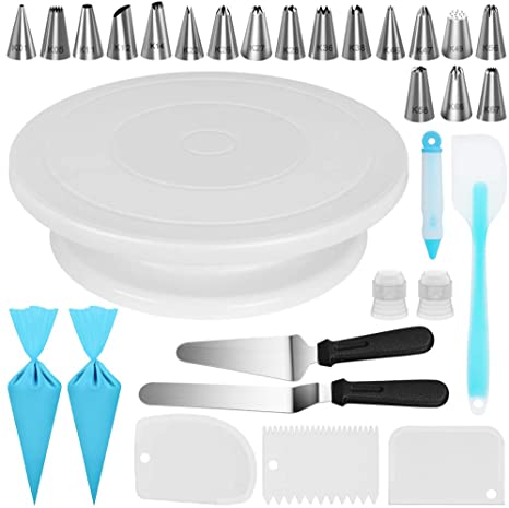 Kootek 30 Pcs Cake Decorating Kit Supplies with Cake Turntable 18 Numbered Piping Tips Pastry Bags Frosting Spatula Icing Smoother Decoration Pen Coupler Cake Baking Accessories