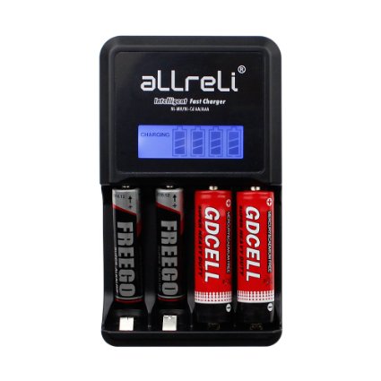 aLLreLi 4 Bay Intelligent Fast Charging Battery Charger w/ LCD Indication, Battery Activation & Discharge Function for AA / AAA / Ni-MH / Ni-Cd Rechargeable Batteries