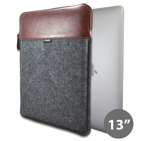 Novo 13" Premium Brown PU Leather Dark Grey Felt Sleeve Case Cover Bag w/ Secure Zipper Closure, Ultra Slim & Sleek, Best Protection & Perfect Fit for your Apple MacBook Pro Air Retina 13 inch