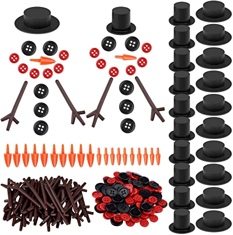 Marrywindix 200 Pieces Christmas Snowman DIY Craft Buttons Kit - 20 Carrot Noses Buttons, 20 Mini Black Magician Hats, 120 Tiny Buttons and 40 Trigeminal Hand for Christmas Party Supplies