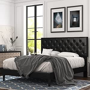 Allewie Queen Bed Frame with Adjustable Diamond Stitched Button Tufted Headboard/Faux Leather Upholstered Platform Bed with Easy-Assembly Wood slats, Deep Black