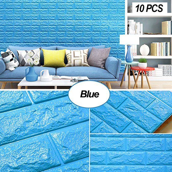 Masione Foam Brick 3D Wall Panels Self-adhesive Removable for TV Walls, Background Wall Decor (Blue-10PCS)