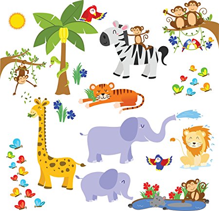 Jungle Safari Wall Decals - Fun Animals for Kids Rooms and Nursery - Easy Peel Wall Stickers