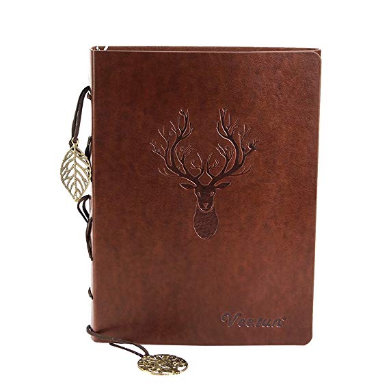 A5 Notebook, VEESUN Leather Journal for Man and Women, Vintage Sketchbook for Kids, Retro Travel Diary for Boys and Girls, Gifts Ideas, Birthday Valentines Wedding Anniversary Presents, Deer, Brown
