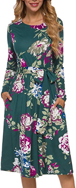 levaca Women's Flowy Striped Long Sleeve Pocket Modest Work Midi Dress with Belt