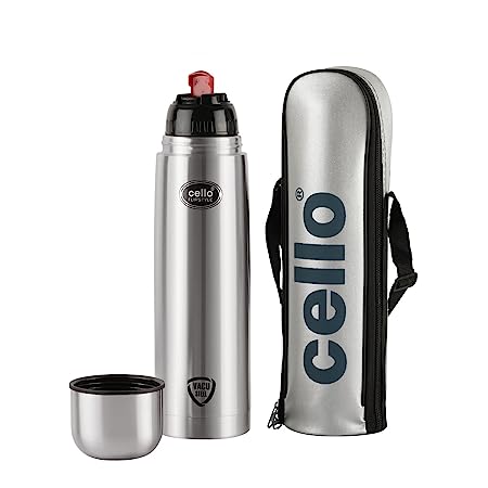 Cello Flipstyle Stainless Steel Vacuum Insulated Flask 750ml| Hot and Cold Water Bottle with Flip lid | Double Walled Silver Bottle for Home, Office, Travel | Steel Thermos Bottle 0.75L