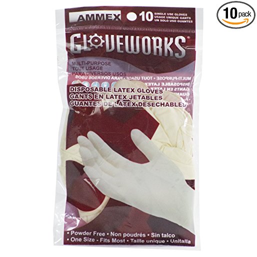 AMMEX - GWL10PK-S - Latex Gloves - Gloveworks - 10/pack, Disposable, Powder Free, 4 mil, Uni-size, White (Pack of 10)