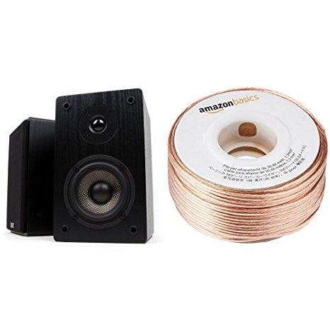 Micca MB42 Bookshelf Speakers With 4-Inch Carbon Fiber Woofer and Silk Dome Tweeter (Black, Pair) and AmazonBasics 16-Gauge Speaker Wire - 100 Feet Bundle