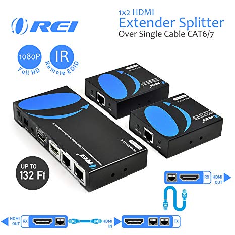 OREI 1x2 HDMI Extender Splitter Over Single Cable CAT6/7 1080P With IR Remote EDID Management - Up to 132 Ft - Loop Out - Low Latency