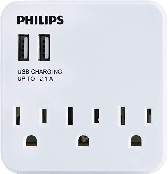 Philips 2 USB 3 Outlet Power Strip Wall Tap, Compact Outlet Adapter, Charging Station, 2 USB Ports, 3 Prong Outlets, ETL Listed, White, SPS6039A/37