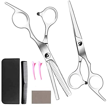 CISHANJIA Hair Cutting Scissors Set,Professional Stainless Steel Hairdressing Scissors Kit Reinforced Barber/Salon Shears for Hairdressing,Thinning,Home Use,Flat Shears Teeth Shear set with Hair Clips