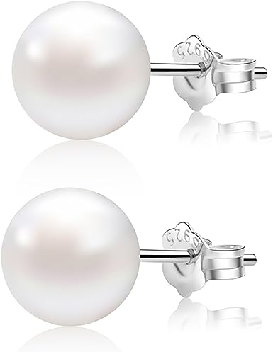 ALYC Pearl Earrings Freshwater Pearl White Button Stud Earrings with 925 Sterling Silver for Women