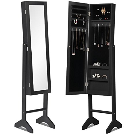 Yaheetech Standing Jewelry Armoire with Mirror Organizer Storage Box Ring Black