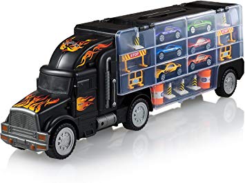 Toy Truck Transport Car Carrier - Toy Truck Includes 6 Toy Cars and Accessories - Toy Trucks Fits 28 Toy Car Slots - Great car Toys Gift for Boys and Girls - Original - by Play22