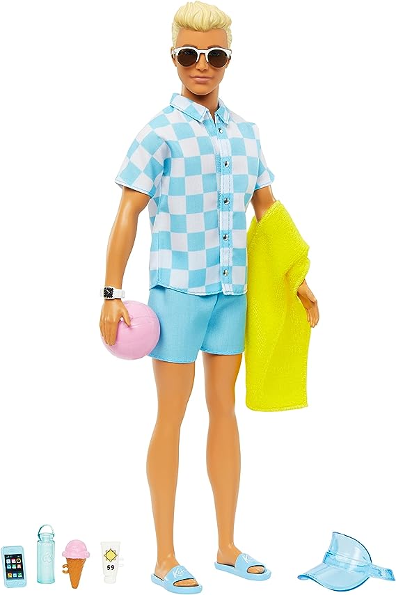 Blonde Ken Doll with Blue Button Down and Swim Trunks, Visor, Towel and Beach-Themed Accessories, HPL74