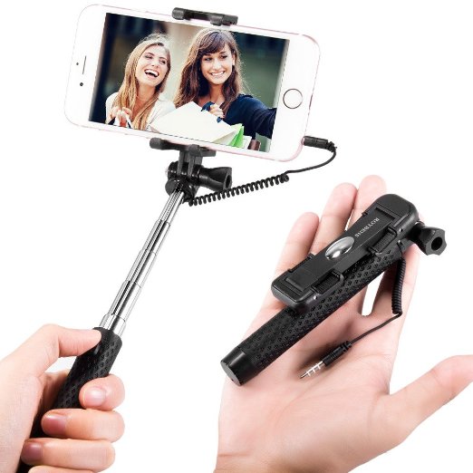 Selfie Stick, Roybens Mini Pen-size Extendable Battery Free Wire Cable Control Self-portrait Monopod Pole w/ Hand Strap for iPhone 6 6s Plus, 5, 5s, 5c Samsung Galaxy Note Android Smartphones - Black