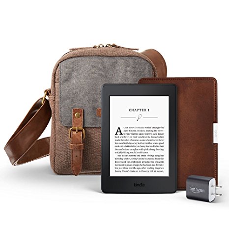 Kindle Paperwhite Travel Bundle including Kindle Paperwhite 6" E-Reader, Black with Special Offers, Amazon Premium Leather Cover, Power Adapter, and free caseable Travel Bag in Brown/Grey