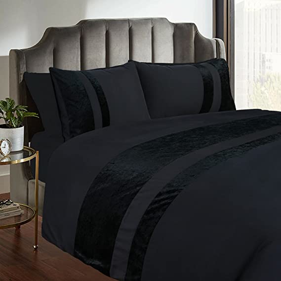 Casabella Luxury Crushed Velvet Panel Band Duvet Cover Sets with Pillow Case Double Duvet Cover Bedding Set – Black Crush Velvet Double Duvet Cover Sets