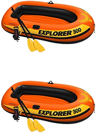 Intex Explorer 300 Compact Fishing 3 Person Raft Boat w/Pump & Oars (2 Pack)