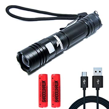 Shadowhawk X8007 Super Bright LED Torch Powerful, USB Rechargeable Waterproof Flashlight Tactical Military Grade Torch Strobe,Camping,Hiking