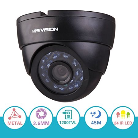 HIS VISION 1200TVL 1/3" Color CCD Indoor Dome Security Camera,24 IR LEDs 150ft Night Vision CCTV Camera w/ IR-CUT, 3.6mm Lens 100Degree Wide Angle Video Surveillance Camera(Metal Casing)