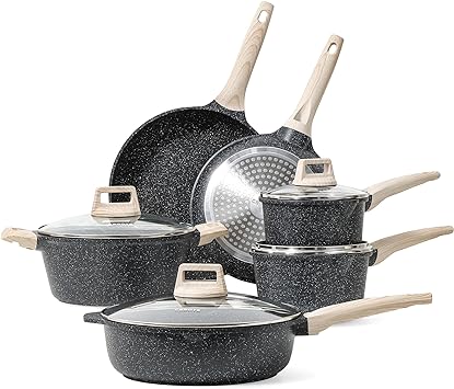 CAROTE 10 Pcs Pots and Pans Set,Nonstick Granite Cookware Sets, Stone Non Stick Frying Pan Set, Cooking Set (Granite, Induction Cookware)