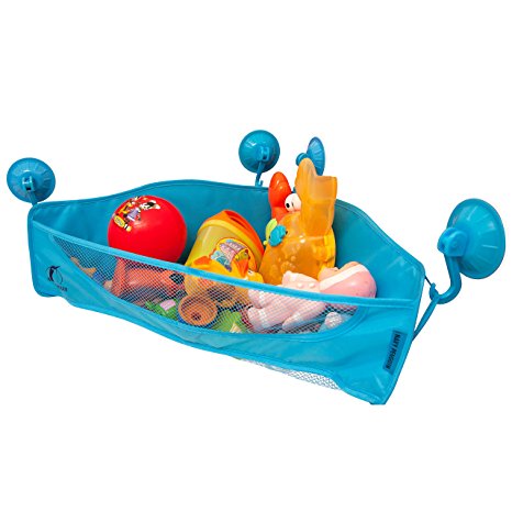 Bath Toy Organizer - 4 Strong Suction Cups - Bathtub Toys Holder Storage Net - Corner Shower Caddy Bag for Kids - Bathroom Mesh Hammock for Baby Boys and Girls (Light Blue)