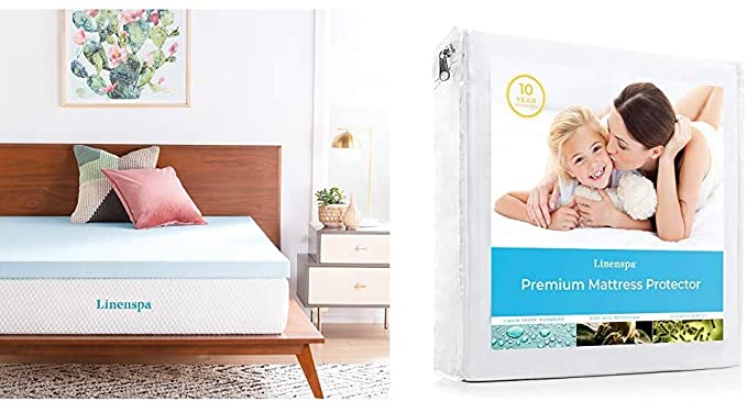 LINENSPA 3 Inch Gel Infused Memory Foam Mattress Topper - Full Size & Premium Smooth Fabric Mattress Protector-100% Waterproof-Hypoallergenic-Vinyl Free Protector, Full, White