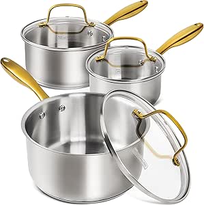 MICHELANGELO Stainless Steel Saucepan Set 1QT & 2QT & 3QT, Stainless Steel Pot Set, Stay-Cool Golden Handles, Induction Saucepan with Lids, Dishwasher Safe - 6Pcs