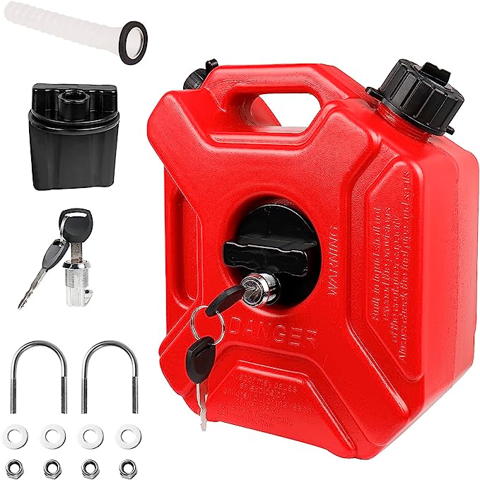 Eachbid 1.3 Gallon Red Gas Tank with Lock & Key, 5L Emergency Backup Gas Can Fuel Oil Petrol Storage with Mounting Bracket Fits for Motorcycle SUV ATV Off Road Most Cars