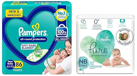 Pampers Pure Protection Baby Diapers, Newborn, Extra Small Size Taped Diapers (Size 1, NB), 32 Count & All round Protection Pants, New Born, Extra Small size baby diapers (NB,XS) 86 Count