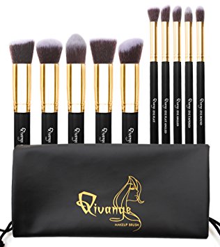 Qivange Make Up Brush Synthetic Kabuki Makeup Brushes Cosmetic Foundation Eyeshadow Blush Concealer Powder Brush Makeup Brush Kit (10pcs, Black Golden)