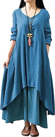 R.Vivimos Women Long Sleeve Cotton Casual Loose Plus Size Irregular Long Dresses