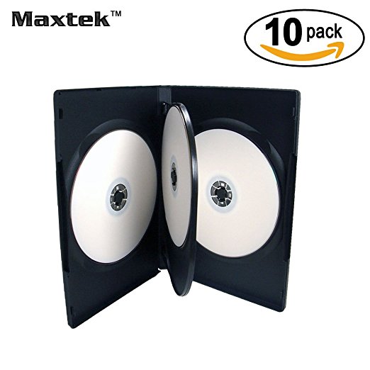 10 Pack Maxtek Standard 14mm Black Quad 4 Disc DVD Cases with Double Sided Flip Tray and Outter Clear Sleeve