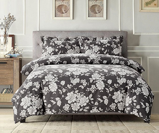 Wake In Cloud - Gray Floral Duvet Cover Set, White Vintage Flowers Pattern Printed on Grey, Soft Microfiber Bedding with Zipper Closure (3pcs, Queen Size)