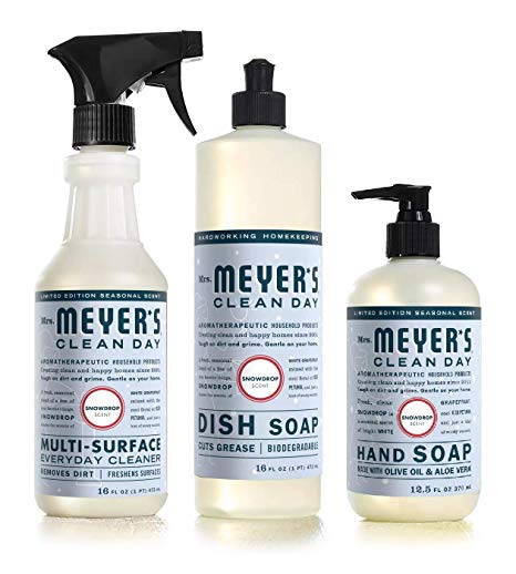 Limited Edition Mrs Meyers Clean Day Kitchen Basics Set of 3 (Dish Soap, Hand Soap, Everyday Cleaner) - Snowdrop