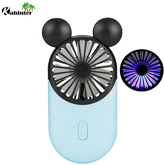 Kbinter Cute Personal Mini Fan, Handheld & Portable USB Rechargeable Fan with Beautiful LED Light, 3 Adjustable Speeds, Portable Holder, for Indoor Or Outdoor Activities, Cute Mouse (Blue)