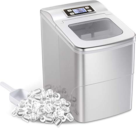 AGLUCKY Countertop Ice Maker Machine,Portable Automatic Ice Maker,Ice Cubes Ready in 6 Mins,/1.5lbs Ice Storage,26lbs/24h,Ice Scoop and Basket,See-through Lid,LCD Display,Self-clean Function,silvery