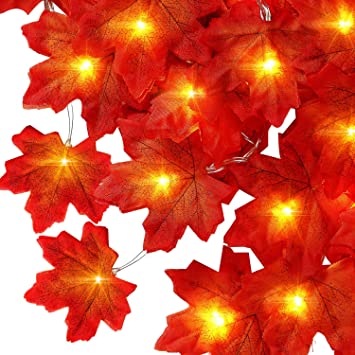 Fall Maple Leaf String 10ft 30 LED Lights Battery Powered with 8 Flicker Modes, Remote and Timer for Fall, Wedding, Christmas, Thanksgiving, Birthday Parties, DIY Home Mantel Decoration