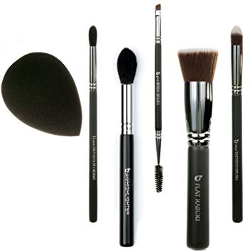 Best of Beauty Junkees 6pc Makeup Brush Set Includes Flat Top Kabuki, mini Tapered, pro Tapered Blending, pro Brow, pro Highlighter, Black Teardrop Makeup Sponge