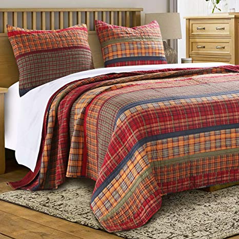 Finely Stitched Quilt Set with Sham Print Stripe Plaid Pattern Bedding Dark Yellow Gold Red Luxury Reversible Bedspread Single Twin Size - Includes Bed Sheet Straps
