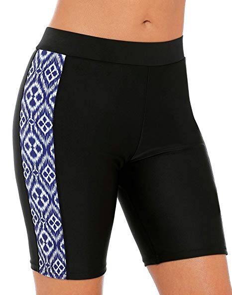 ATTRACO Women's Long Board Shorts High Waist Swim Bottom Solid Jammer Swim Shorts