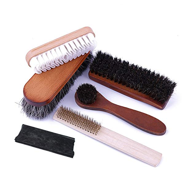 Shoe Shine Cleaning Care Horsehair Brush Kit 6 Piece Bundle: 2 Horse Hair Brush, 1 Suede Leather Brush,1 Copper wire brush, 1 Suede Polishing Cloth for Boots and Shoes & Other Leather Care by Abimars