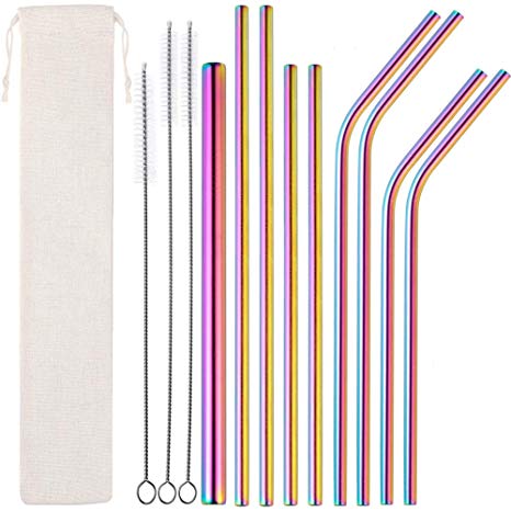 13 Pcs/Set Rainbow Stainless Steel Metal Straws - Multicolor Reusable Drinking Straws for 30oz / 20oz Tumblers Yeti Cold Beverage and Smoothie (5 Straight - 4 Bent - 3 Cleaning Brushes - 1 Bag)