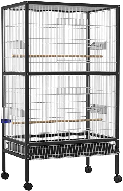 PawHut 30x20.5x54-Inch Bird Cage Parrot Macaw Finch Cockatoo Flight Cage with Wheels Black/White