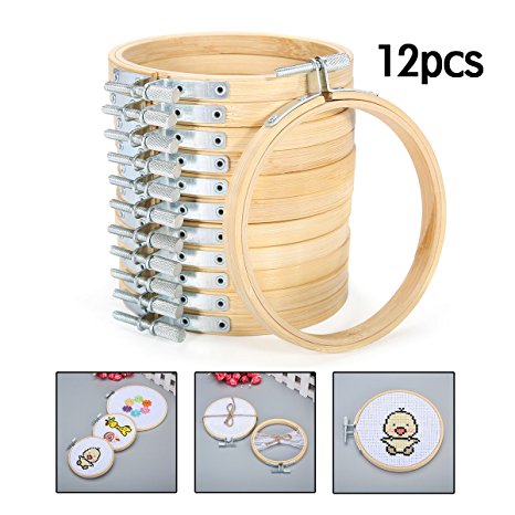 KINGSO 12 pieces 4 inch Wooden Embroidery Hoops Adjustable Bamboo Quilting Cross Stitch Hoop Ring Embroidery Circle Set for Art Craft Handy Sewing