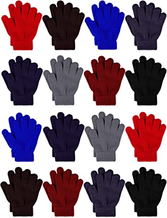 Cooraby 16 Pairs Winter Kids Warm Magic Gloves Full Fingers Stretchy Knitted Gloves for Boys or Girls