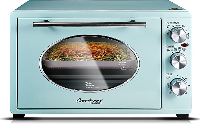 Elite Gourmet Americana by Elite ETO3300M Vintage 50’s Diner Retro Countertop Toaster oven, Bake, Broil, Toast, Fits 12” Pizza, Temperature Control & Adjustable 60-Minute Timer 1500W, 8-slice, Mint